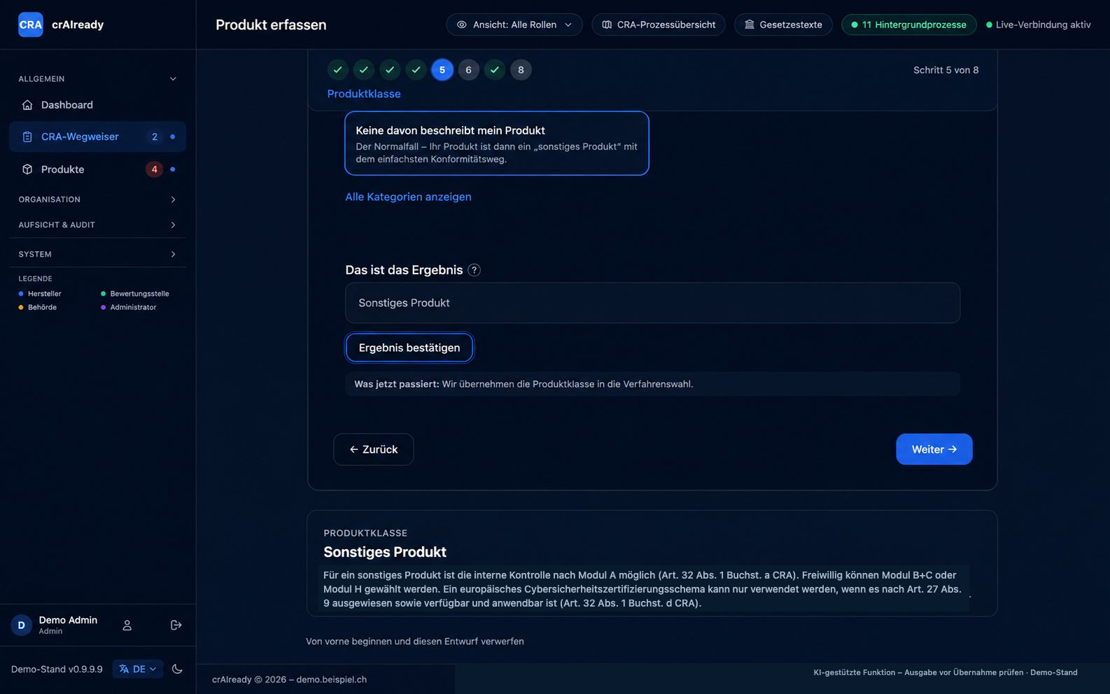 crAIready-Wizard auf der Stufe Produktklasse mit der Demo-Einordnung „Sonstiges Produkt“