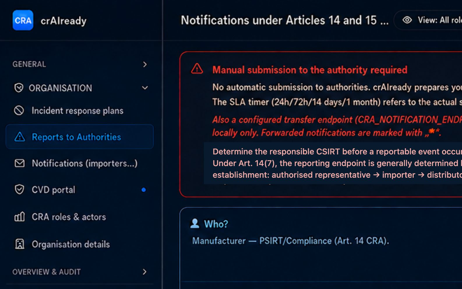 crAIready view for preparing an Article 14 report with staggered reporting deadlines