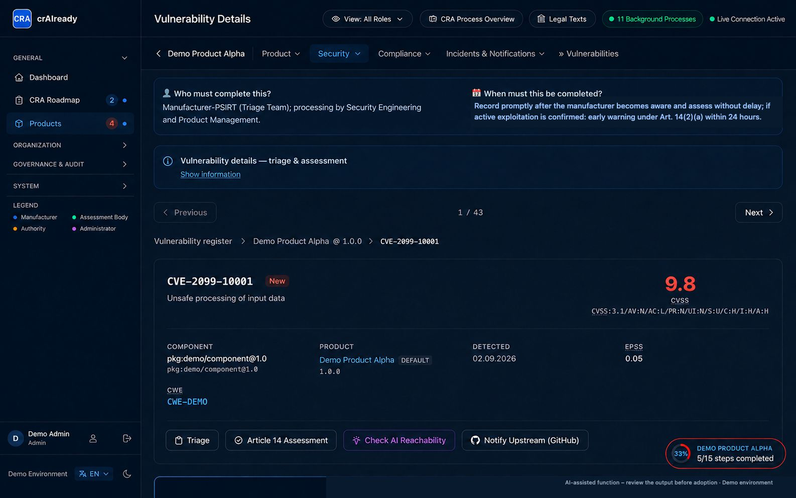 crAIready triage view of a vulnerability with transition to the Article 14 reporting assessment