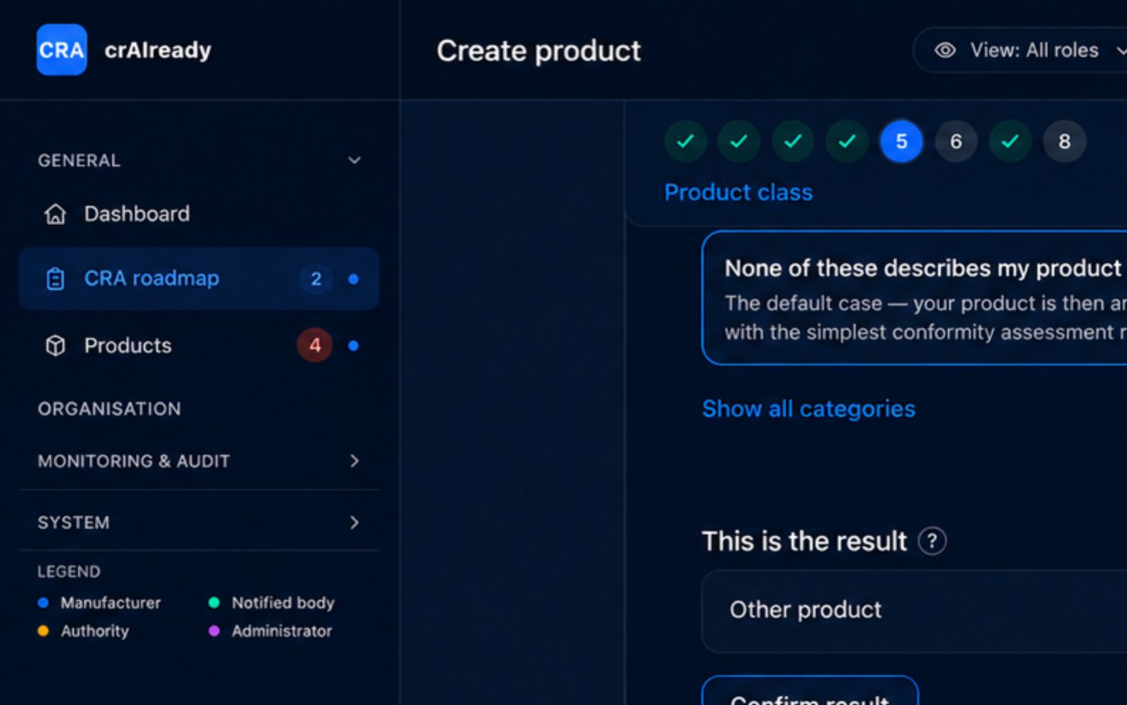 crAIready wizard at the product class step with the demo classification “Default product”